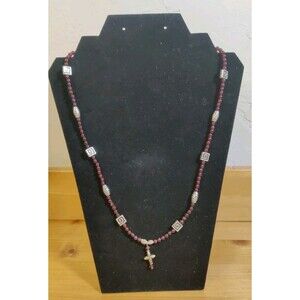 Vtg Silvertone Necklace Garnet Beaded Cross Crucifix Religion ~22"